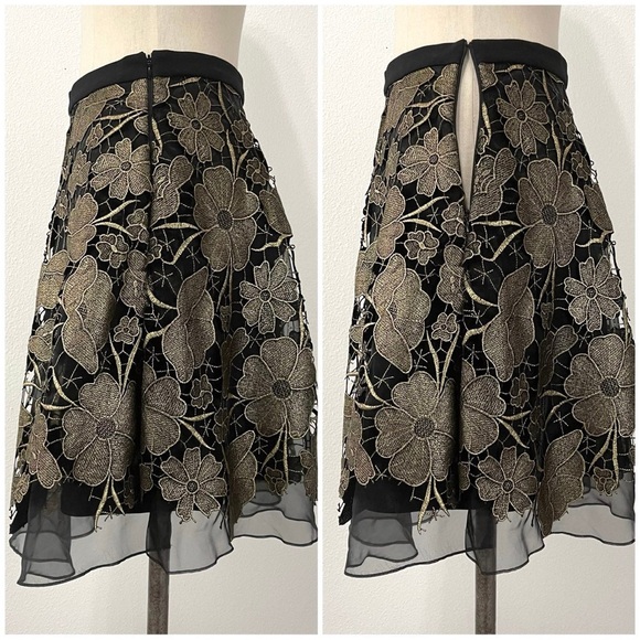 ANTHROPOLOGIE EVA FRANCO Black and Gold Floral Lace Layered Skirt 6 - Picture 5 of 6